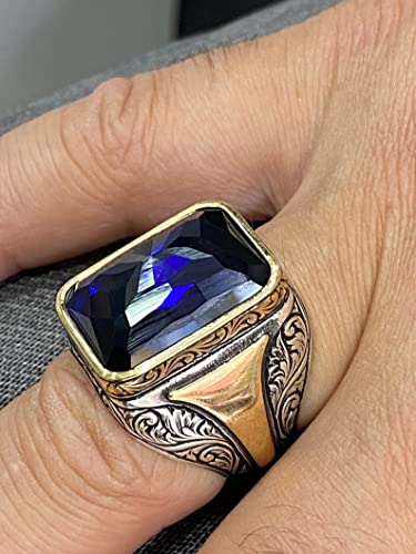 Men's Sapphire Stone Ring, Turkısh Handmade Ring, Ottoman Style Ring, Cubic Zircone Ring, 925K Sterling Silver Ring, Gift For Him #TOP5
