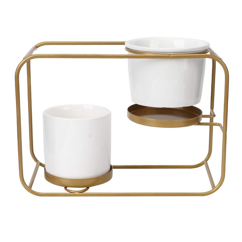 Plant Display Rack, Iron + Ceramic Iron + Ceramic Iron + Ceramic Flowerpot Rack Set Mutifuctional for Hotel Office, Shopping Mall for Living Room Courtyard(RT018-J white basin+gold frame)