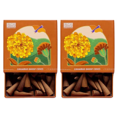 Image of HelpUsGreen Natural Dhoop Cones Cinnamon (80 Cones Pack of 2)|Charcoal Free Organic Incense Cones|Low Smoke Long Lasting Incense for Pooja Meditation Home Fragrance|Free Ceramic Holder