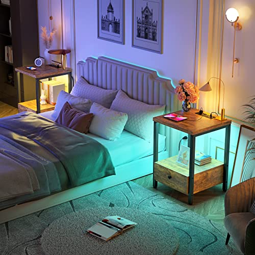 Ecoprsio Nightstands Set Of 2 With Charging Station And Led Lights, Modern Night Stand Bedside Table With Storage Drawer, End Side Table With Power Outlet For Bedroom Living Room, Rustic Brown #TOP1