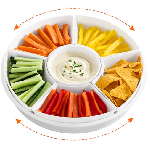 Lifewit 29 cm Drehbare Servierplatte, 7-teiliges Kunststoff Dipschalen Set, Snackteller mit Fächern, Geteiltes Snackschale für Snacks/Dips/Vorspeisen/Obst/Nüsse, Kombinierbarer Servierteller für Party
