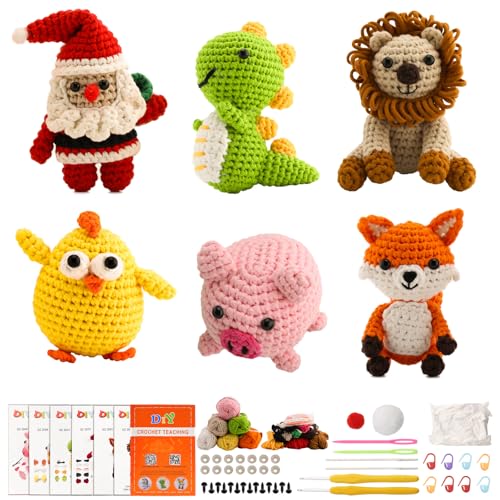 6Pcs Knitting Kit for Beginners with Upgraded Premium Custom Yarn & Step-by-Step Video Tutorials, Ideal Crochet Kits for Crochet Lovers & New Amigurumi Crochet Animal Kit for Adults Teenage Girls/Boys