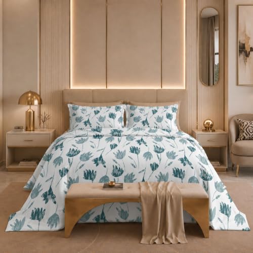 Image of Jaipur Weaves Cotton Linen Feel King Size Bedsheet 108x108 Super King, 100% Pure Cotton Bed Sheet with 2 Pillow Covers, 300 TC Soft Breathable Floral Design Bedding -(Tulips Green,Super King)