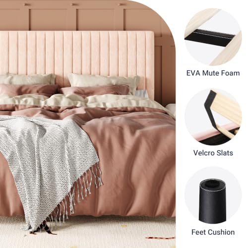 Image of Allewie Full Bed Frame, Upholstered Platform Bed with Adjustable Vertical Channel Tufted Headboard, Mattress Foundation with Strong Wooden Slats, Box Spring Optional, Easy Assembly, Chenille Pink