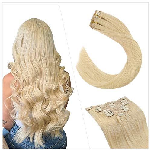 Ugeat Human Hair Extensions Clip Hair 24 Inch Remy Hair Clip in Human Hair Extensions Bleach Blonde 120g Clip in Full Head Human Hair Extensions 7PCS Clip Real Human Hair Extensions