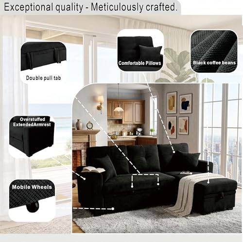 Image of KEIKI 71 inch Sleeper L Shaped Sofa with Pull Out Bed, 3 Seater Sectional Sleeper Sofa with Reversible Chaise, Modular Sectional Sofa with Storage for Living Room, Black