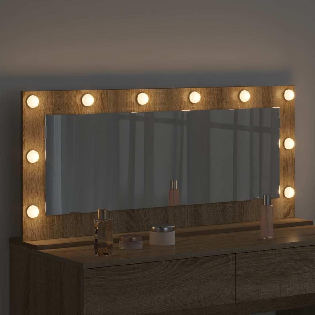 Specchio da bagno a LED ad angolo retto Sonoma, 100 x 45 x 18 cm, con illuminazione bianco caldo, vetro e legno, per interni