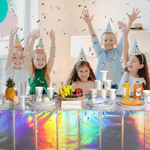 COLANANA Partygeschirr Kindergeburtstag,Silber Geburtstag Party Geschirr Set mit Teller Tischdecke Tassen Servietten Papier Strohhalme für Babydusche Geburtstag Hochzeit Party(16 Gäste)