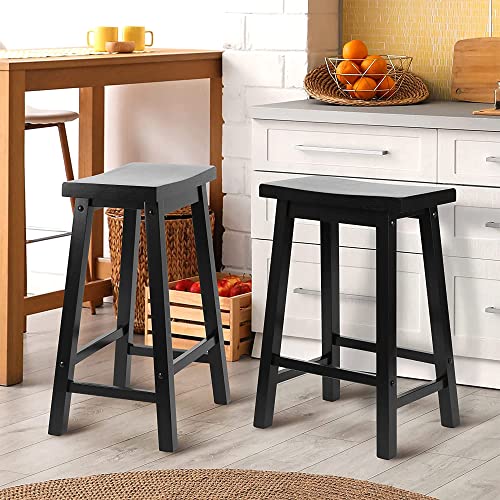 Image of PJ Wood 24 Inch Saddle - Wood Saddle Counter Stool - Black 2 Pack | Backless Design, 225 lb Capacity, Modern A Frame, Square Legs, FSC Certified Lumber, Formaldehyde Free Adhesives