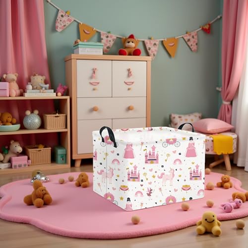 Image of Rectangular Kids Storage Basket Baby Storage Basket with Handles for Home Kitchen Boys and Girls Cute Toy Storage Bin Organizer Shelf Book Room Decor(Princess Castle)