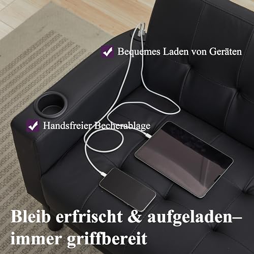 GRAVFORCE Sofa 2 Sitzer Couch mit 2 Ladefunktion und 2 Becherhalter 2er Sofa Klein Kunstleder für Wohnzimmer, Jugendzimmer, Büro, Wohnung, Schlafzimmer, Schwarz