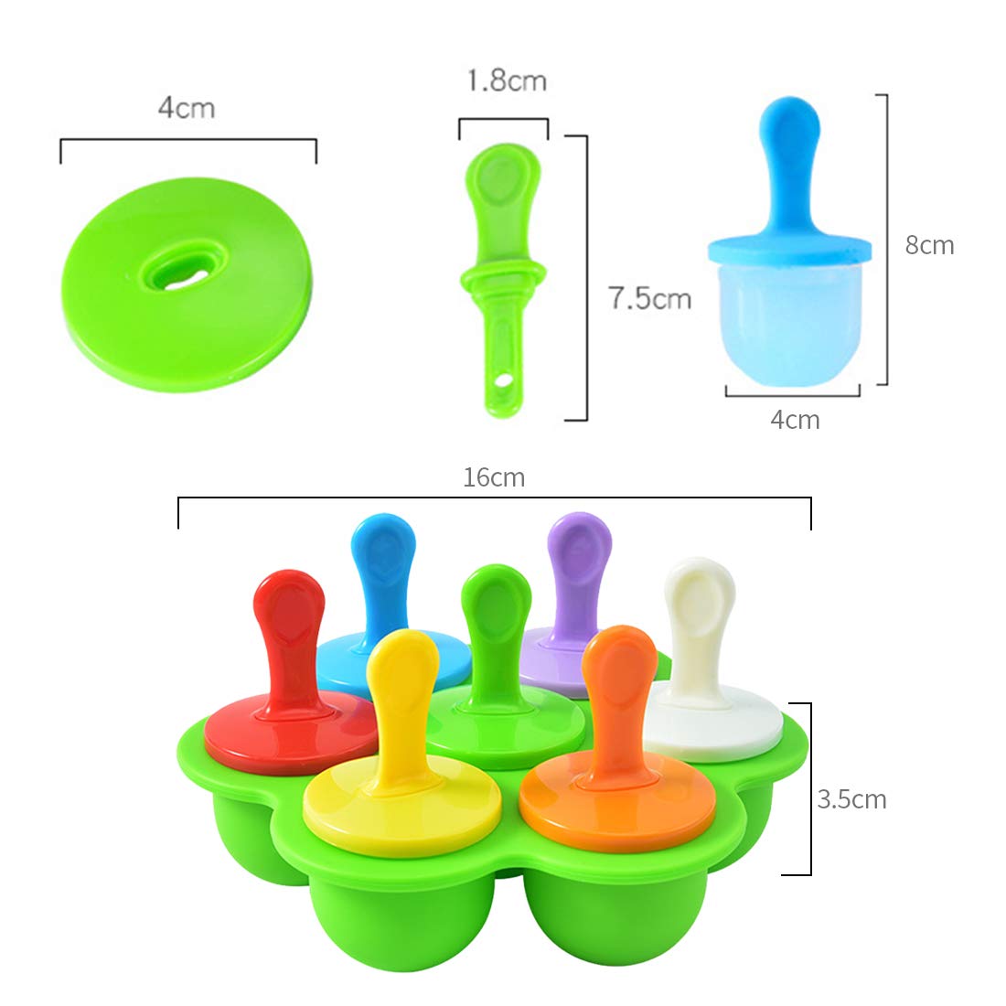 Moldes Silicona con 7 Cavidades, para Polos, Helados con Palitos de Plástico Coloridos, Sin BPA, para Bebe (Verde)