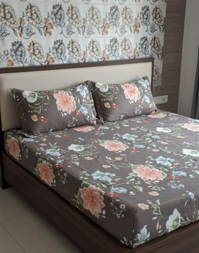 Image of Premium Glace Cotton Flat Double Bedsheets, 90 x 100 Inches with 2 King Size Pillow Cover 17 x 27 Inches, Floral (Brown)