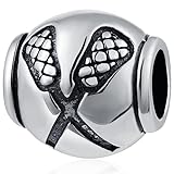 925 Sterling Silver Lacrosse Charms Fits Pandora Sport Bracelet, Lacrosse Ball with Hockey Sticks Round Beads, Gifts for Daddy/Fathers Day/Boy/Son/Birthday