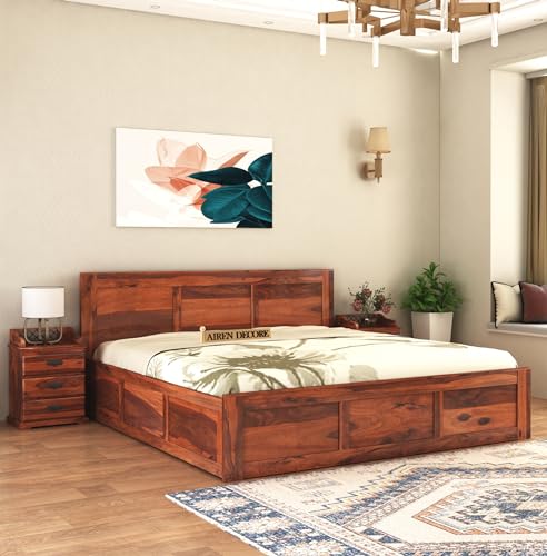 Image of Solid Sheesham Wood Queen Size Bed with Box Storage | Wooden Double Bed Cot Palang Furniture for Bedroom, Living Room, Guestroom and Hotel (Honey Finish)
