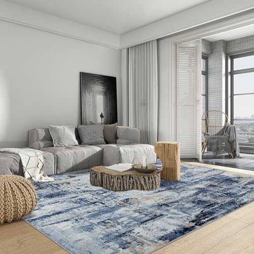 8x10 Area Rugs Washable Rug: Large Modern Abstract Living Room Rug Soft Anti-Skid Thin Carpet Indoor Floor Non-Shedding Carpets for Bedroom Dining Room Farmhouse Nursery Home Office Blue Gold