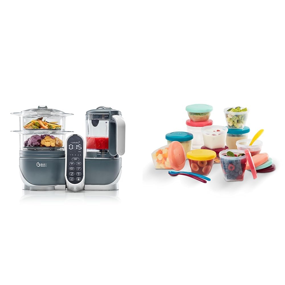 Babymoov Nutribaby Plus industrial grey Babynahrungszubereiter inkl. Babybols Aufbewahrungsbehälter-Set (3x120ml + 3x180ml + 6x250ml + 3 flexible Löffel)