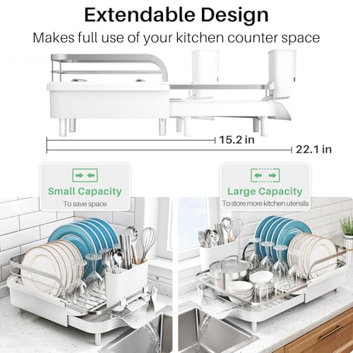 Image of SNTD Dish Drying Rack, Expandable Dish Rack for Kitchen Counter, Stainless Steel Dish Drainer with Drainboard Set and Utensil Holder (White)