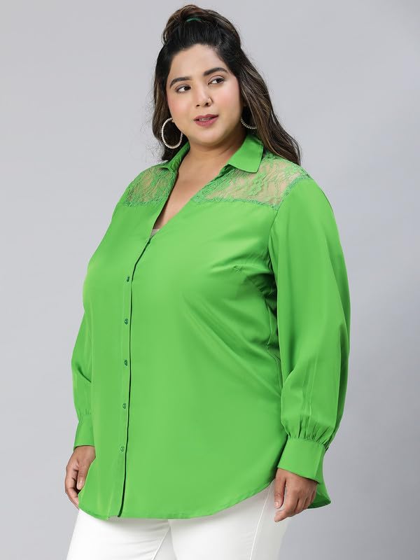 Image of oxolloxo Women Plus Size lace Detailed Collared Long Sleeve Shirt