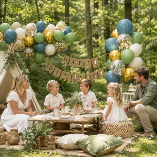 Image of Green Blue Balloons Sage Beige Gold Balloons Jungle Woodland Party Decorations Dusty Blue Green White Balloon 60pcs 12inch Latex Balloons Gold Confetti Helium Safari Wild One Dino Birthday DIY