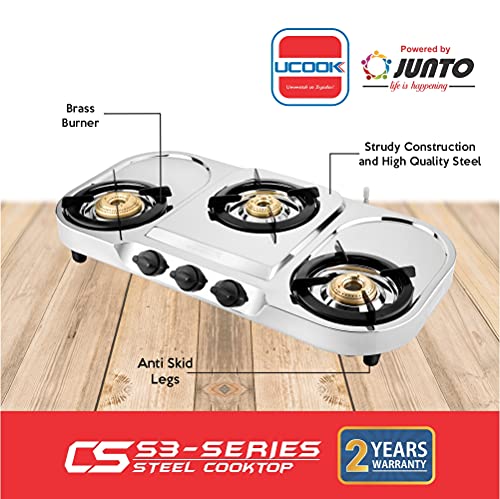 Image of UCOOK JUNTO Manual Premier Xtra Large 3B Series 3 Burners Gas Stove Stainless Steel Cooktop, Steel Grey