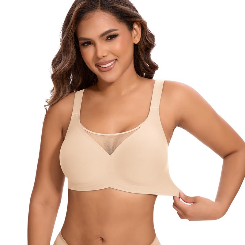 Jiuday BH Damen ohne Bügel Große Brüste Starker Halt Bügelloser Push Up Seitenträger BH Nahtloser Bequem Klassische Soft T Shirt Bra Gepolstert Mesh Bralette (322-Beige,S)