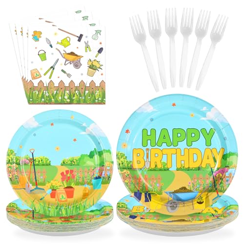 Greencian 96Pcs Garden Birthday Decorations Gardening Tools Plates and Napkins Gardener Birthday Decoration Favors for Kids Plant Mom Plant Lady Garden Theme Bday Spring Party Supplies Serves 24