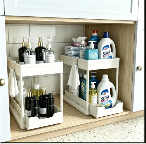 DEKAVA Küchen Organizer, 2 Unter Waschbecken Regal, Schrank Küchenorganizer mit 4 Haken, Schrankkorb für Küche, Bad（weiß） 1