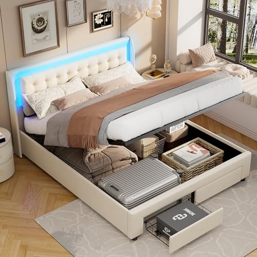 Canapé abatible 140x190 con cajones, Cama de Matrimonio con iluminación LED, Cama hidráulica con somier de láminas, Apta para Adultos y Adolescentes, Beige, Terciopelo