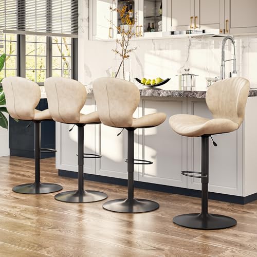 Image of Waleaf Modern Adjustable Bar Stools Set of 4, Faux Leather Upholstered Swivel Counter Stools, Counter Height Bar Stools with Large Base, Easy 5 Minute Assembly for Kitchen Island (Beige, Set of 4)