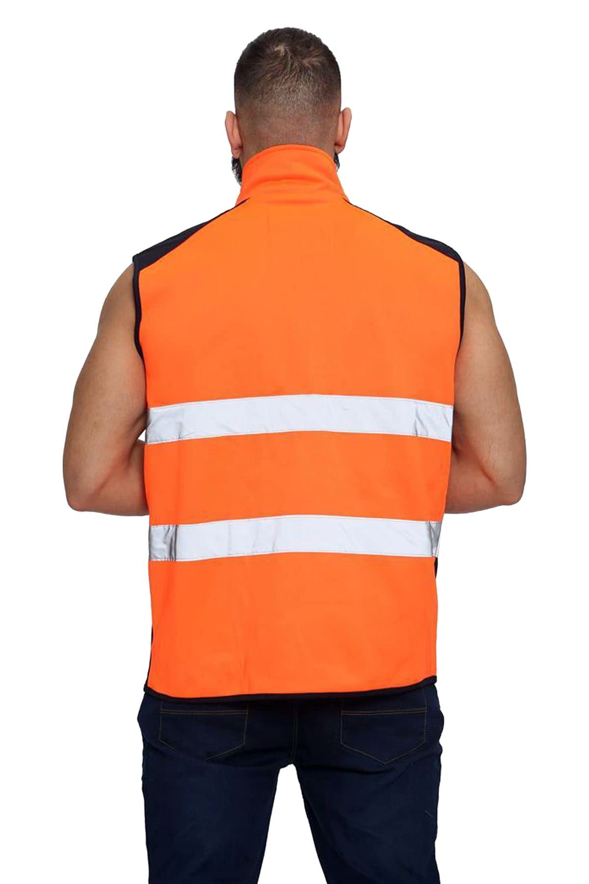 janisramone Hi Vis - Chaleco sin mangas para hombre, alta visibilidad, forro polar, repelente al agua, Naranja neón/Azul marino., L