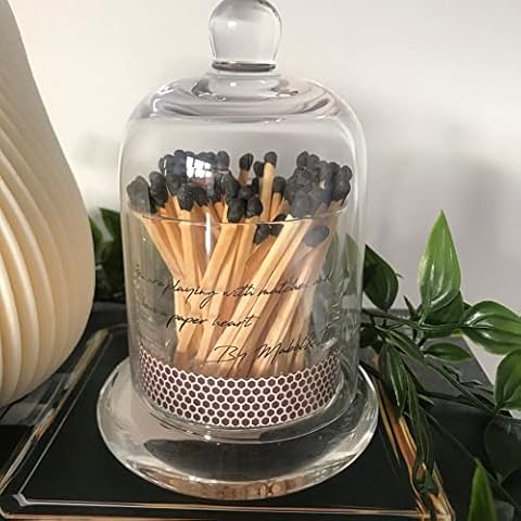Large Black Tip Matches in A Glass Dome Cloche Bell Jar - Candle Care home Decor Cover