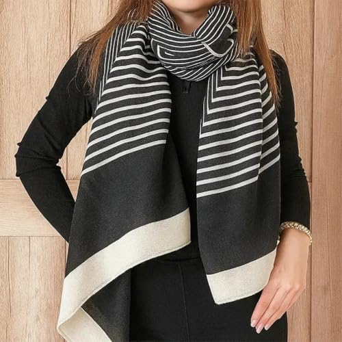 stylesilove Women Girls Elegant Striped Print Oblong Cotton Linen Scarf Lightweight Autumn Wrap Shawl2