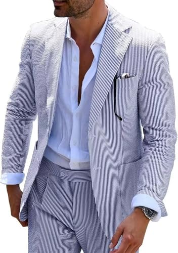 Seersucker Slim Suits Men Formal Summer Beach Wedding Grooms 2 Piece Blazer Pants Party Striped Suit Blue M