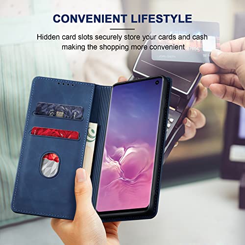 Image of Jasonyu Flip Wallet Case for Samsung Galaxy S10,Leather Magnetic Folio Cover with Card Holder,Kickstand - TPU Shockproof Durable Protective Phone Case,Blue