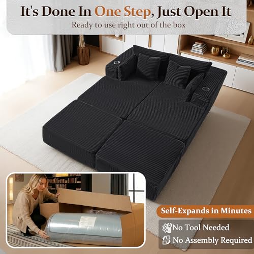 Image of 72 inch Cloud Sectional Couch, Comfort Sleep Sofa for Living Room, Extra Deep Seats No Assembly, Minimalist Modular Couch, Corduroy (Black, Extend Loveseat Chaise)