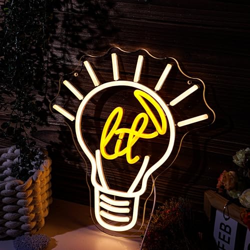 Image of It's Lit! Edison Bulb Neon Sign Lit it up Yellow Funny LED Light Lamp Super exciting Gift for Young Trendy People Guys Cool Vibe Lighting for Party, Basement, Bar, College Dorm, Pub Decor