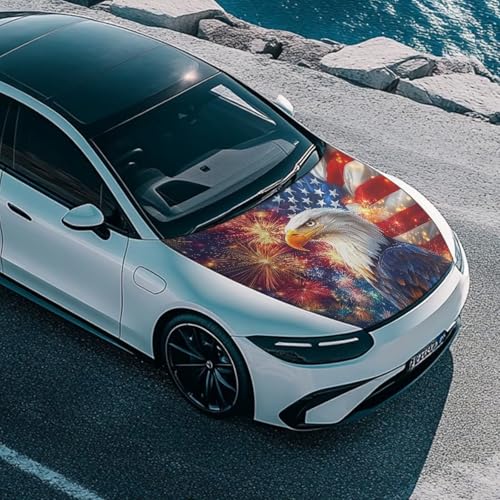 Image of Eagle American Flag Fireworks Car Hood Cover All Weather Protection Automotive Exterior Accessories Universal Fit Hood Covers for Cars, Trucks, SUV, or Van, 4th of July Decor