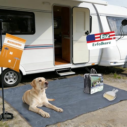 Erfolkerz Awning Carpet HDPE Outdoor RV Rug Blue-Grey 8*20 Waterproof Camping Rugs with Eyelets/Broom/Carry Bag/Nails Highly Robust & Washable Large Outdoor Area Mat for Patio/Backyard/Picnic/Beach