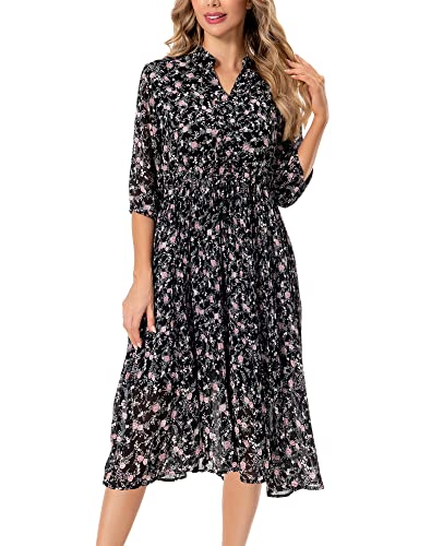 Image of Shineflow Women's Short Sleeve V-Neck 3 /4 Sleeve Button Up Chiffon Floral Pleated Midi Swing Dress with Belt