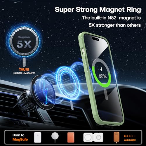 Image of TAURI for iPhone 15 Case, Compatible with MagSafe [Anti-Yellowing] with Screen Protectors, Military-Grade Protection, Shockproof Slim Magnetic Phone Case for iPhone 15 6.1 inch, Green | with Screen Protector, Not-Yellowing Military-Grade Protection, Shockproof Slim Magnetic Case for iPhone 15