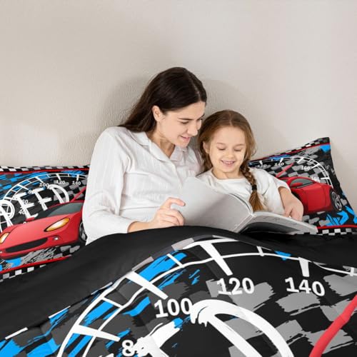 Image of Feelyou Boys Race Car Bedding Set Cool Race Sports Car Set Comforter Set for Kids Boys Sports Theme Duvet Set Checkered Comforter Red 1 Comforter Set with 1 Pillowcase Twin Size