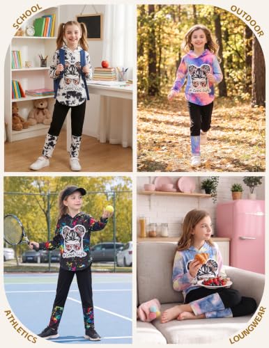 Image of Girls 2 Pcs Fall Winter Tie Dye & Leggings Outfits For Teens 5-14 | 2026 Girls Fashion Trendy, Long Sleeve Hoodie, Cool Life Print, Patchwork Pants, Back to School Holiday Tracksuit