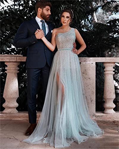One Shoulder Prom Dresses for Women Long 2025 Sequin Formal Evening Gowns Tulle Wedding Dress2