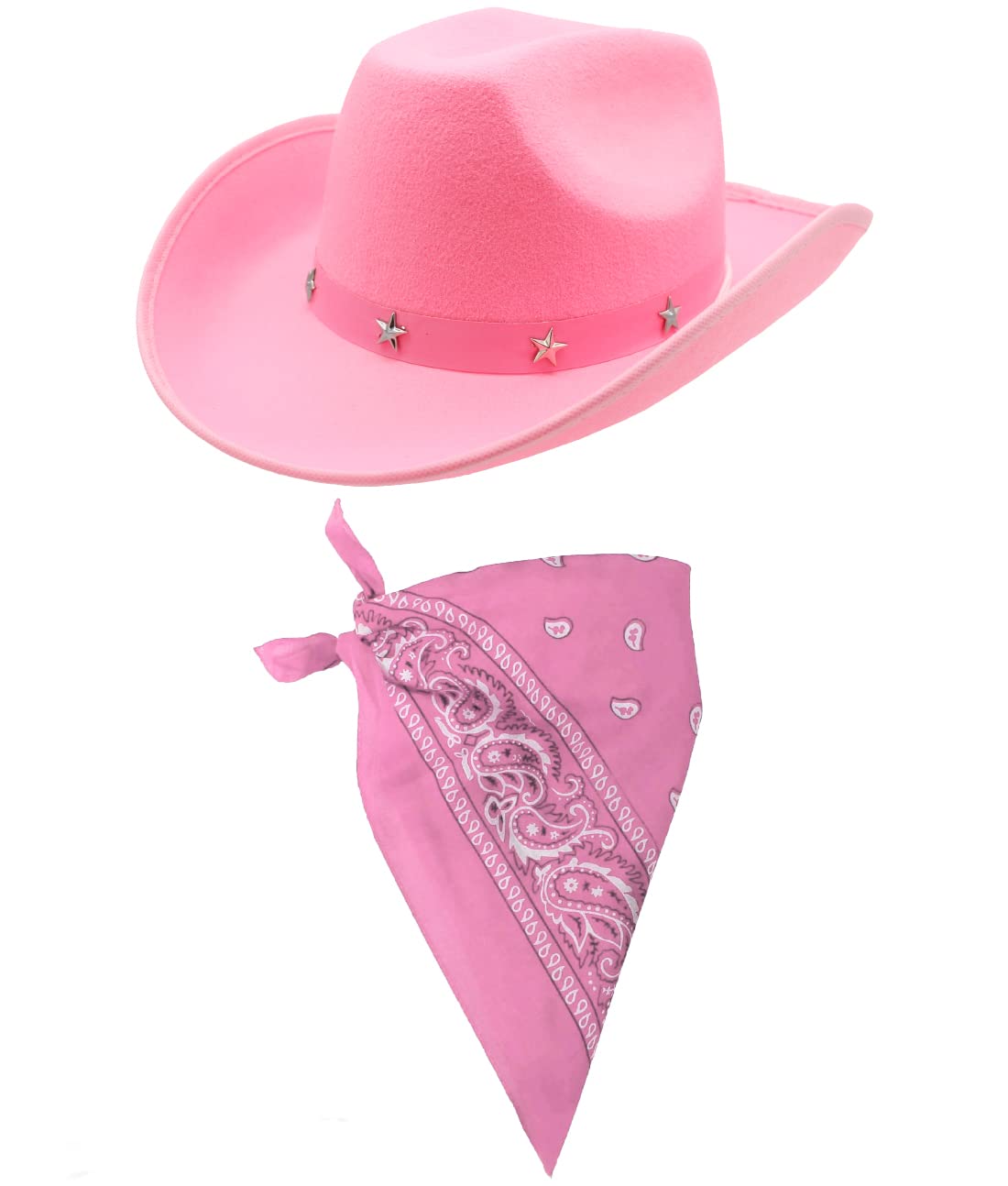 I LOVE FANCY DRESS Pink Cowboy Hat With Star Studded Band & Pink Paisley Bandana Wild West Western Sheriff Bandana