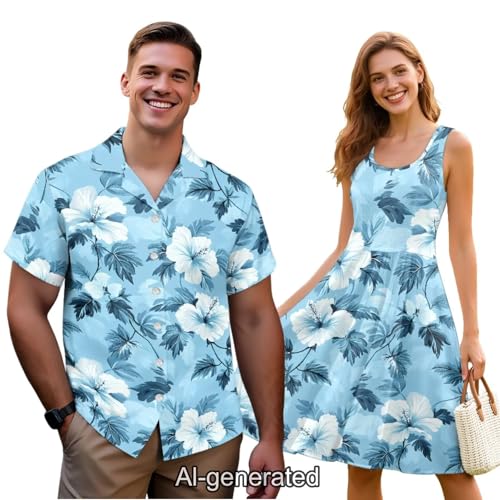 Image of Dreaweet Summer Dresses for Women A-Line Sleeveless Flowy Sun Dresses,Men's Casual Button-Down Shirts,Couple Matching Outfits