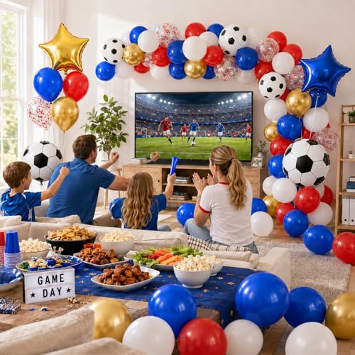 Image of Soccer Balloons, Red Gold Blue Balloons, Soccer Sports Theme Party Balloons