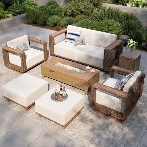 Image of MIXPATIO Patio Furniture Set with Fire Pit Table, 7 Pieces Outdoor Yellow Rattan Wicker Conversation Sets, Deep Seating Sofa with 10 inch Thick Cushions, Low Profile Deck Lawn Furniture