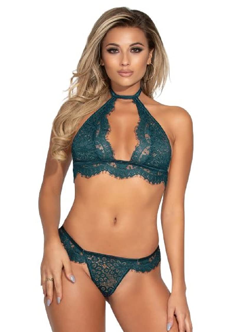 Lace High Neck Bra & G-String (Teal)