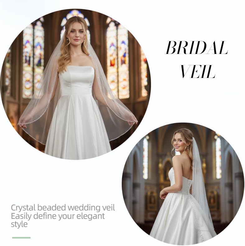 LOVFOIVER Wedding Veil for Bride Crystal Beaded Edge 1 Tier Fingertip Length Bridal Veil With Comb - Image 4